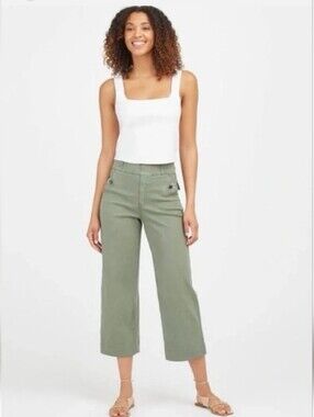 Spanx Womens Pants Stretch Twill Cropped Wide Leg Green Olive Size Large